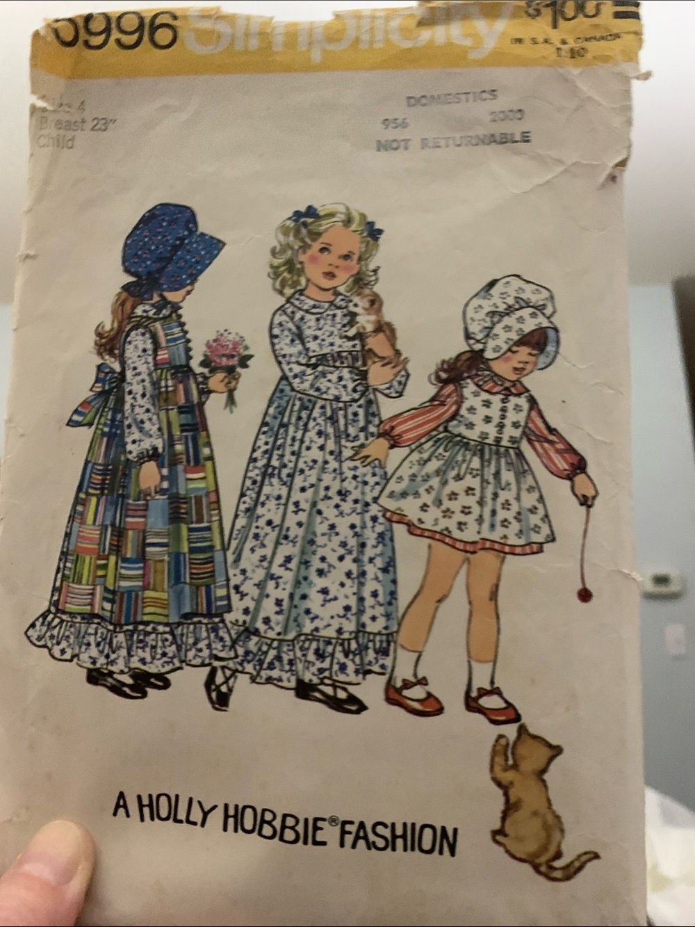 Vintage Simplicity from 1973 Girls' Holly Hobbie-Style Dress, Pinafore, & bonnet